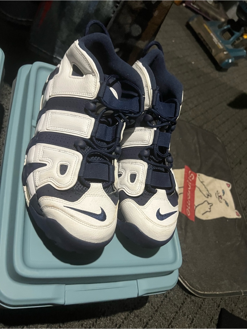 Sz 12 uptempos Nike men’s ' Air More Uptempo Sneakers - White/Navy